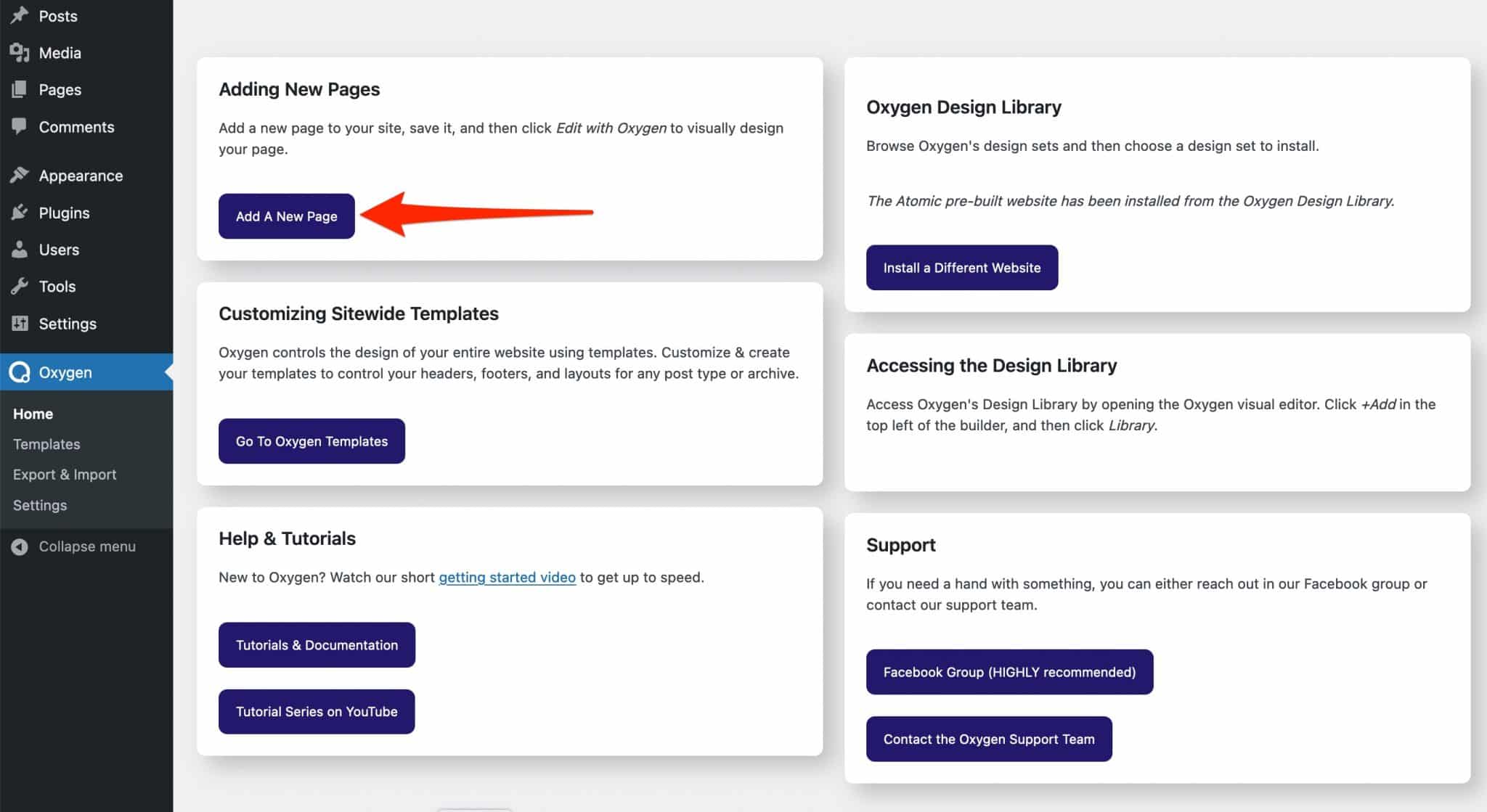 Oxygen Builder offers a shortcut for adding new pages on WordPress. 