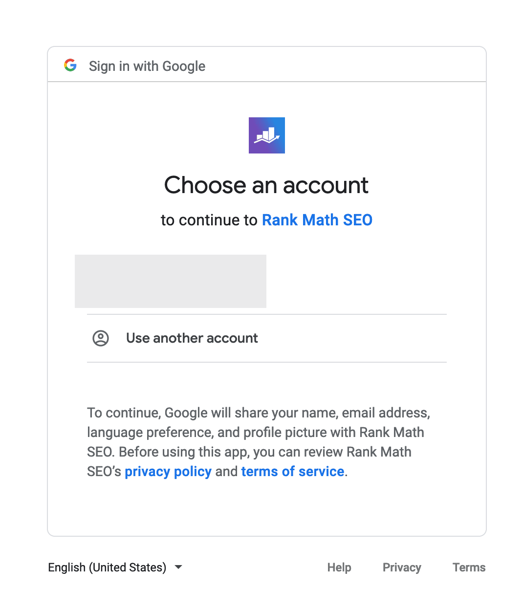 Choose an account to allow Rank Math to access the Google Search Console.