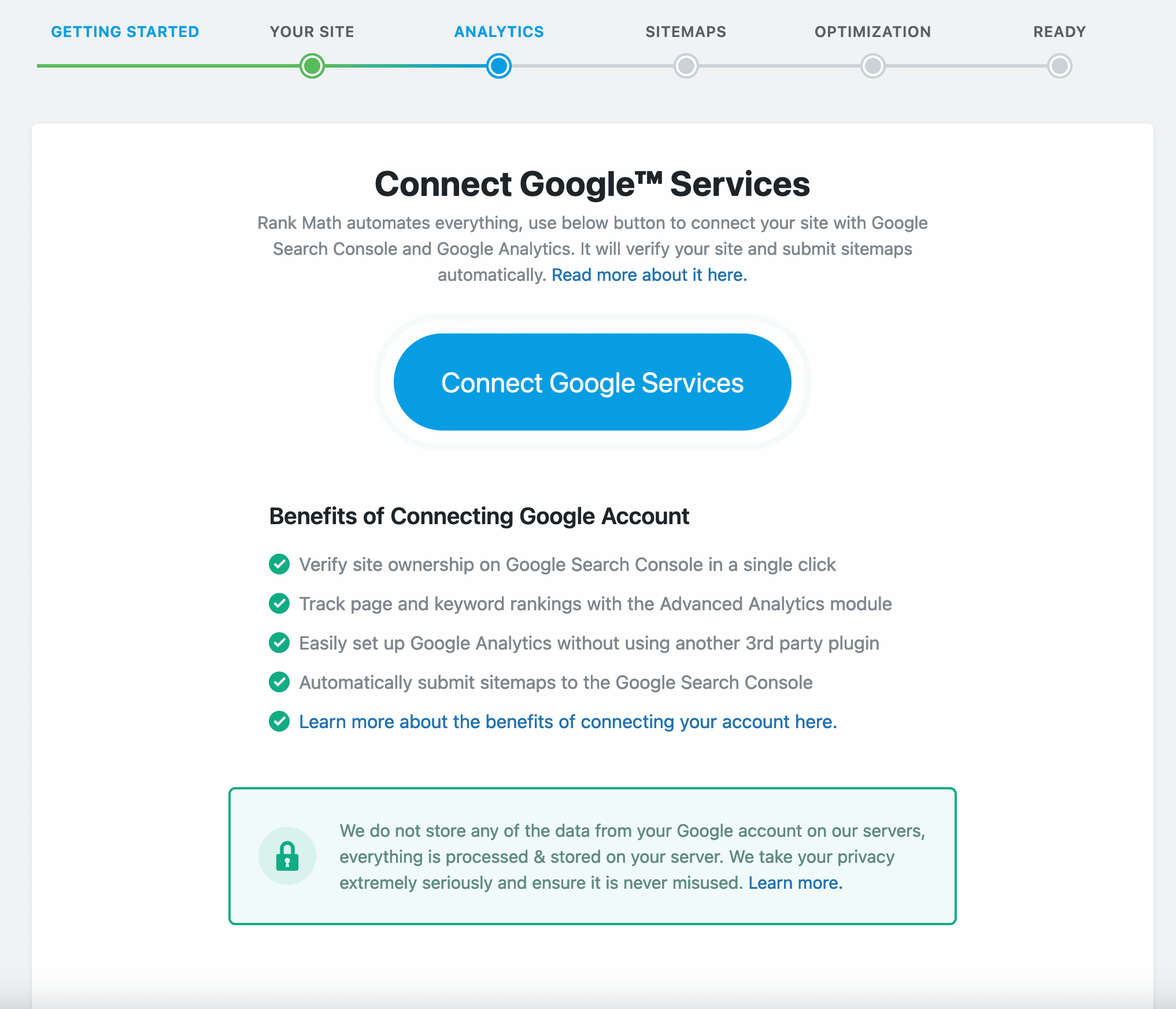 Connecting to Google Services with Rank Math SEO.