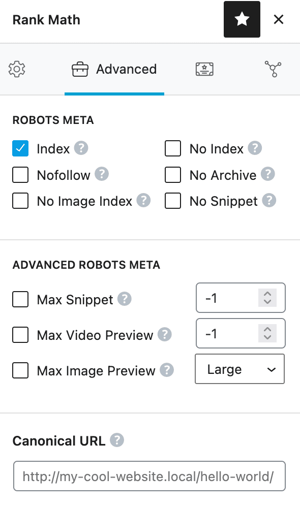 The Robots Meta tab in Rank Math.