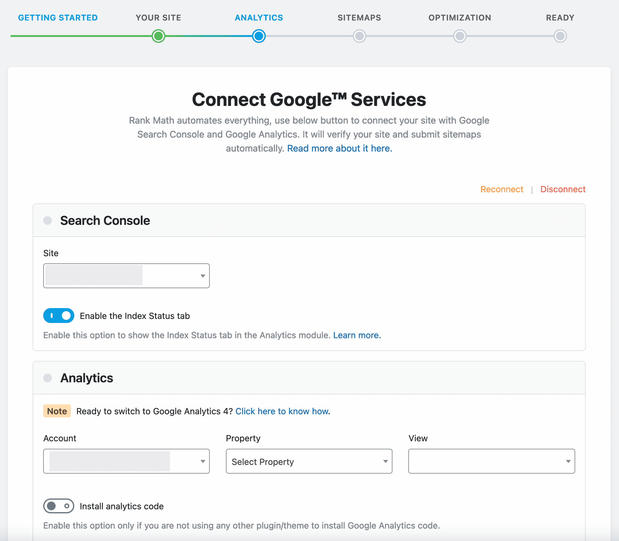 Connecting Rank Math to the Google Search Console.