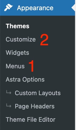 The Appearance menu allows you to set up your WordPress menus.