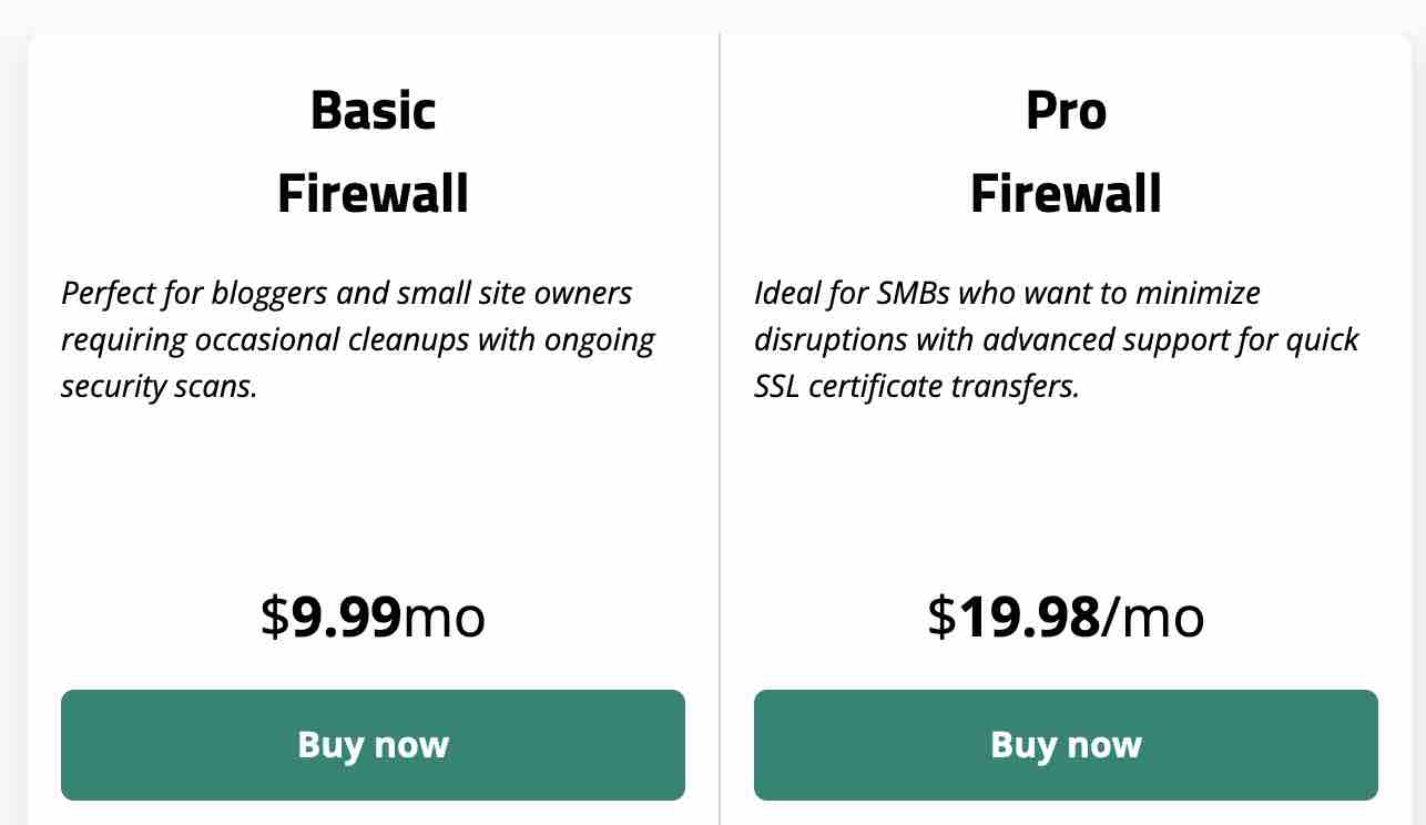 Prices of Sucuri's firewall.