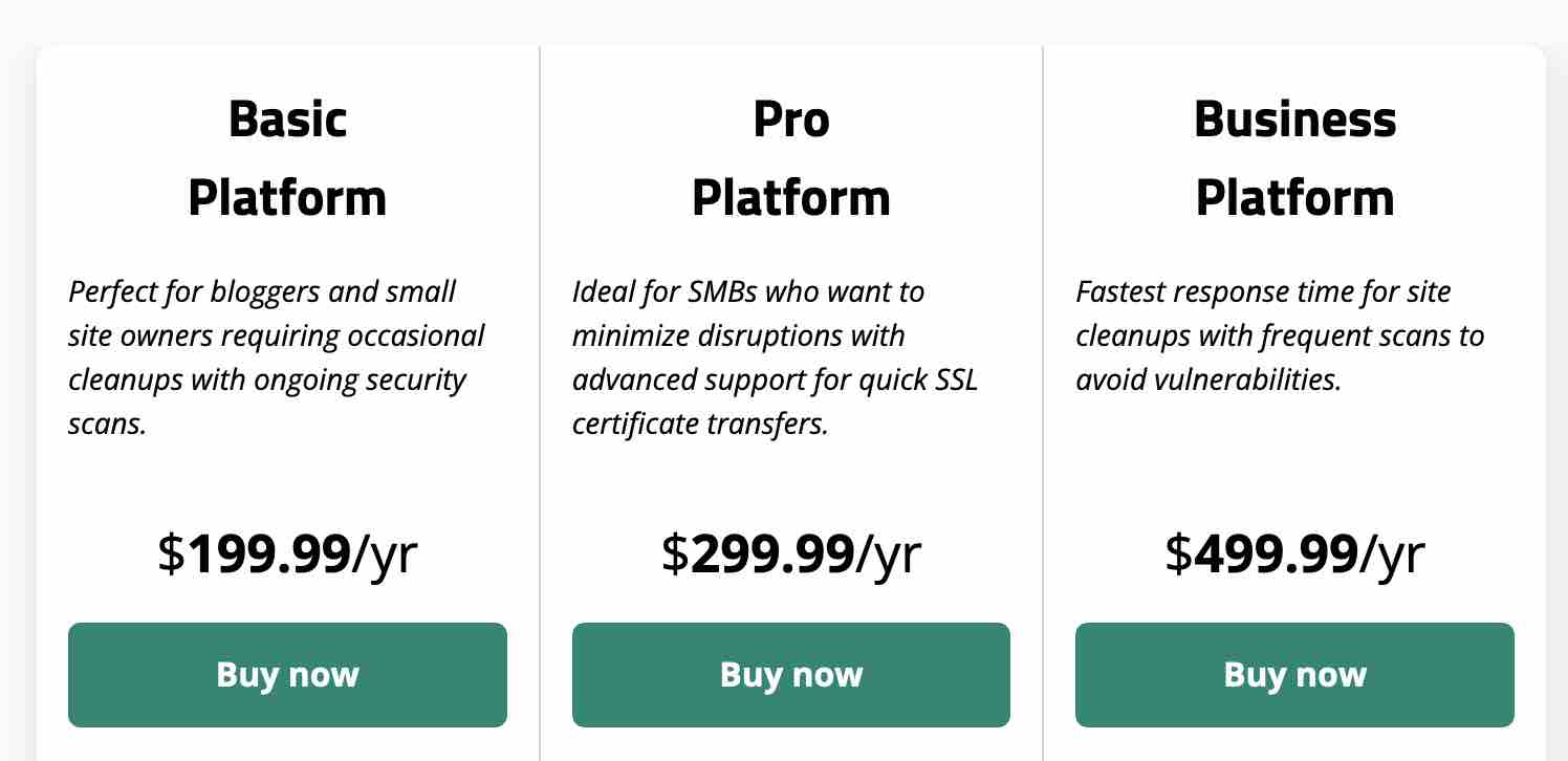 Prices of Sucuri's Website Security Platform.