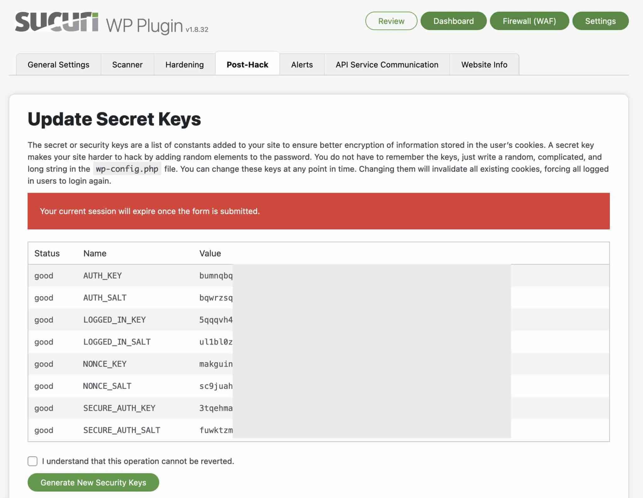 Sucuri allows you to update your secret keys.