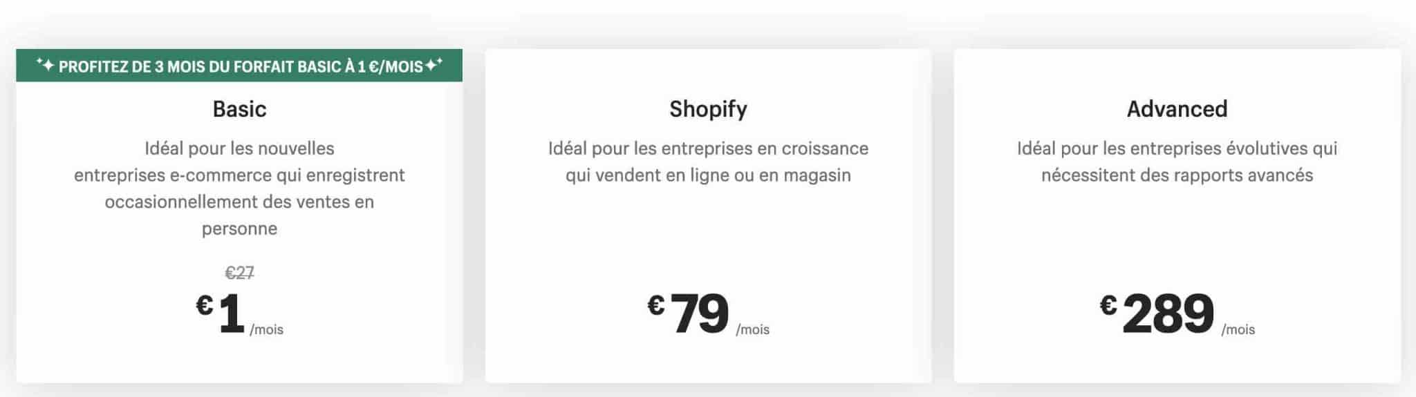 Shopify propose 3 forfaits.
