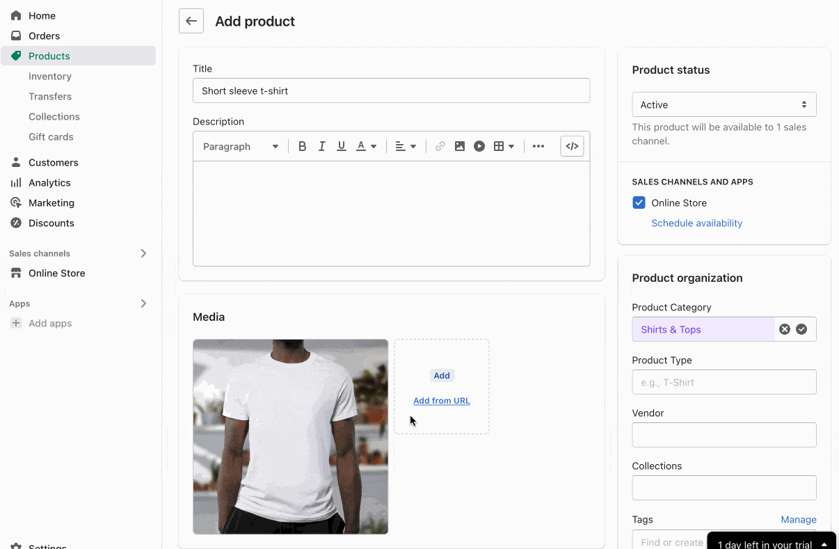 Adding a product on Shopify.