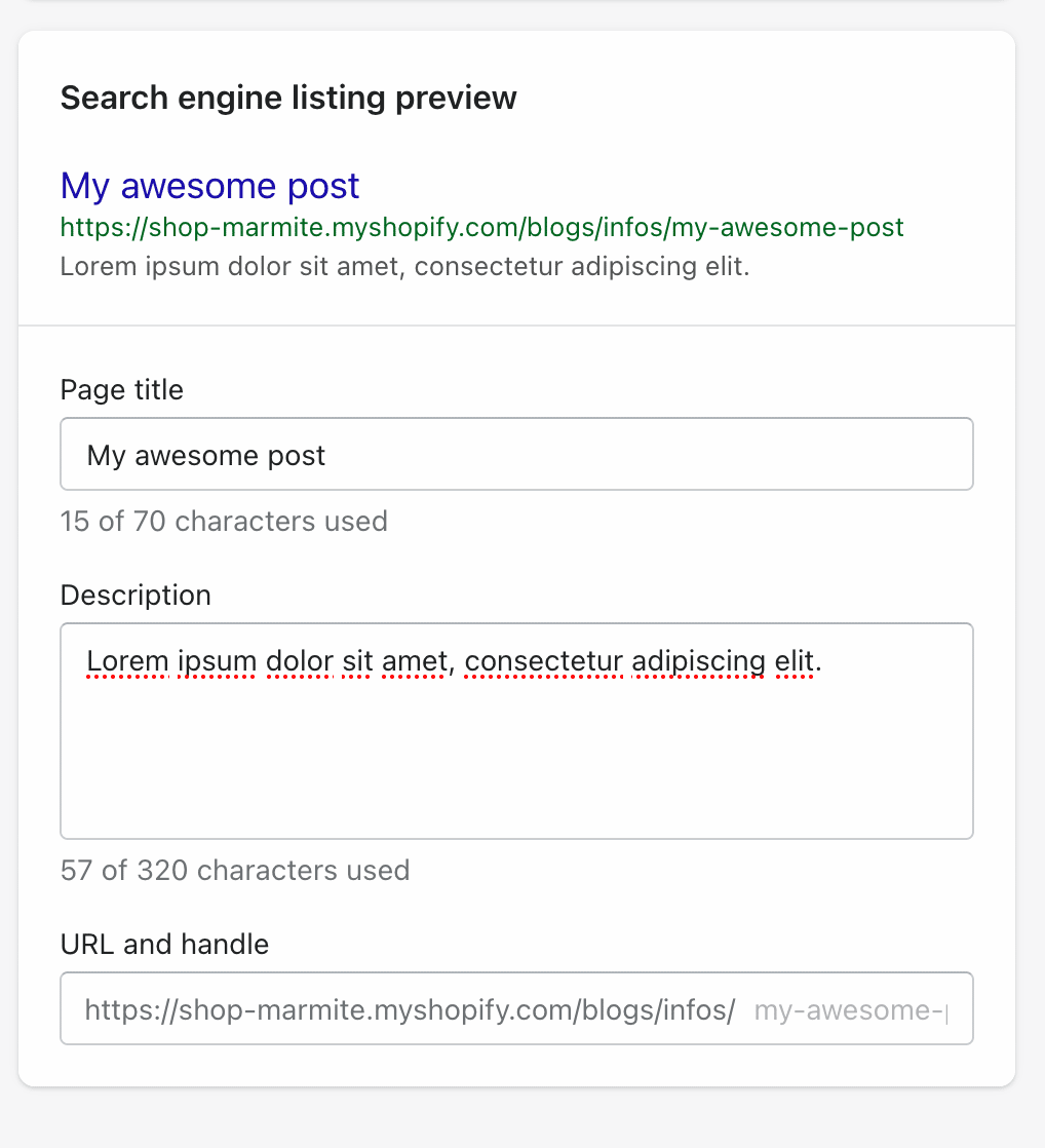 Shopify allows you to edit your title and meta description tags.