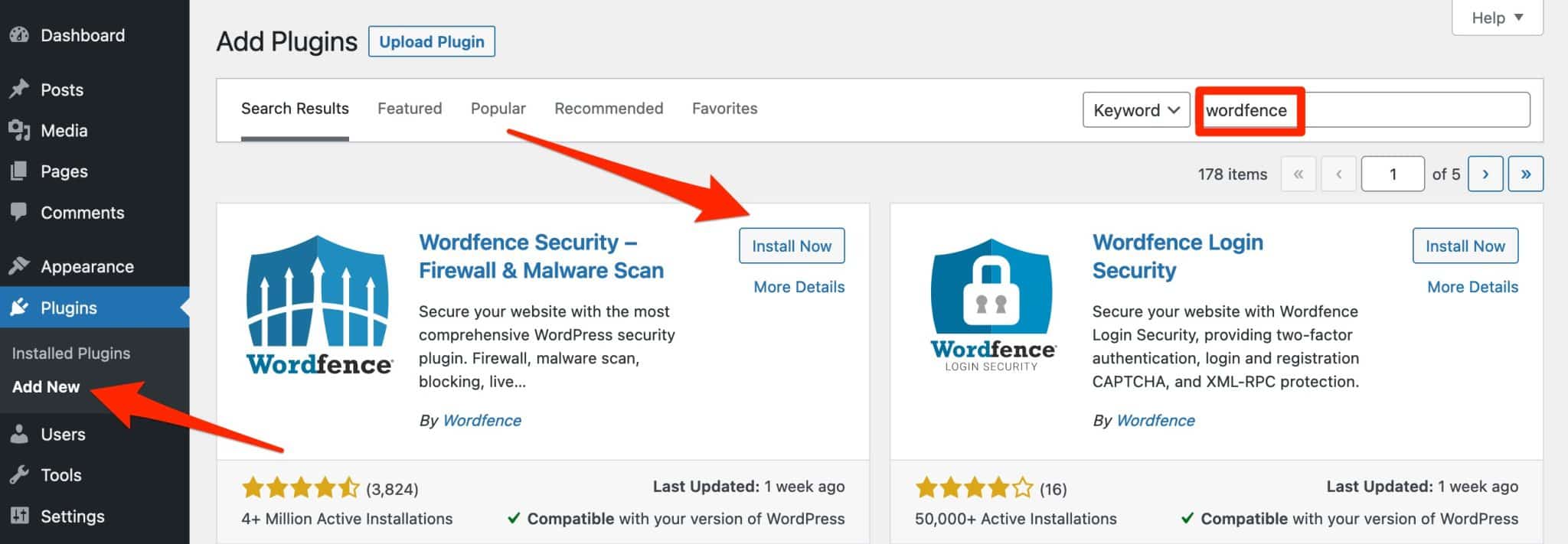 Wordfence Security can be added from the WordPress admin.