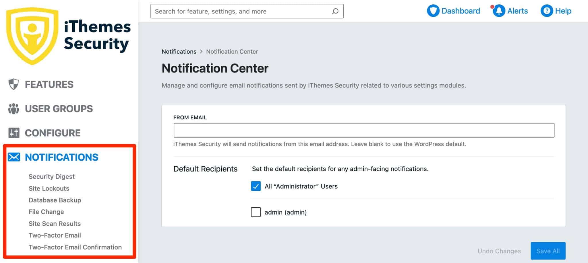 iThemes Security notification settings.
