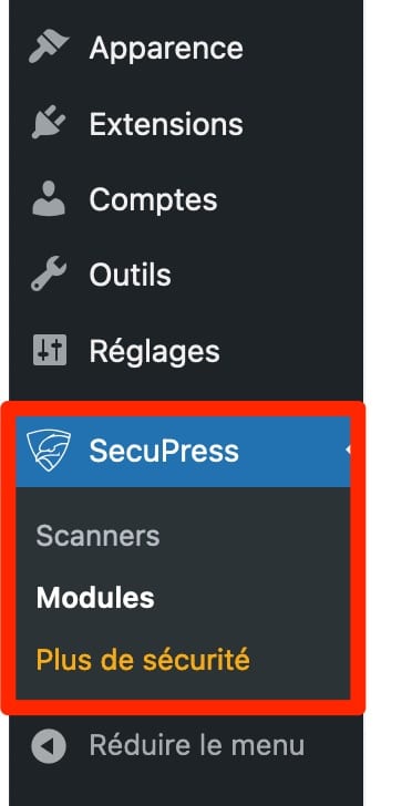 Le menu de SecuPress sur l'interface d'administration de WordPress.