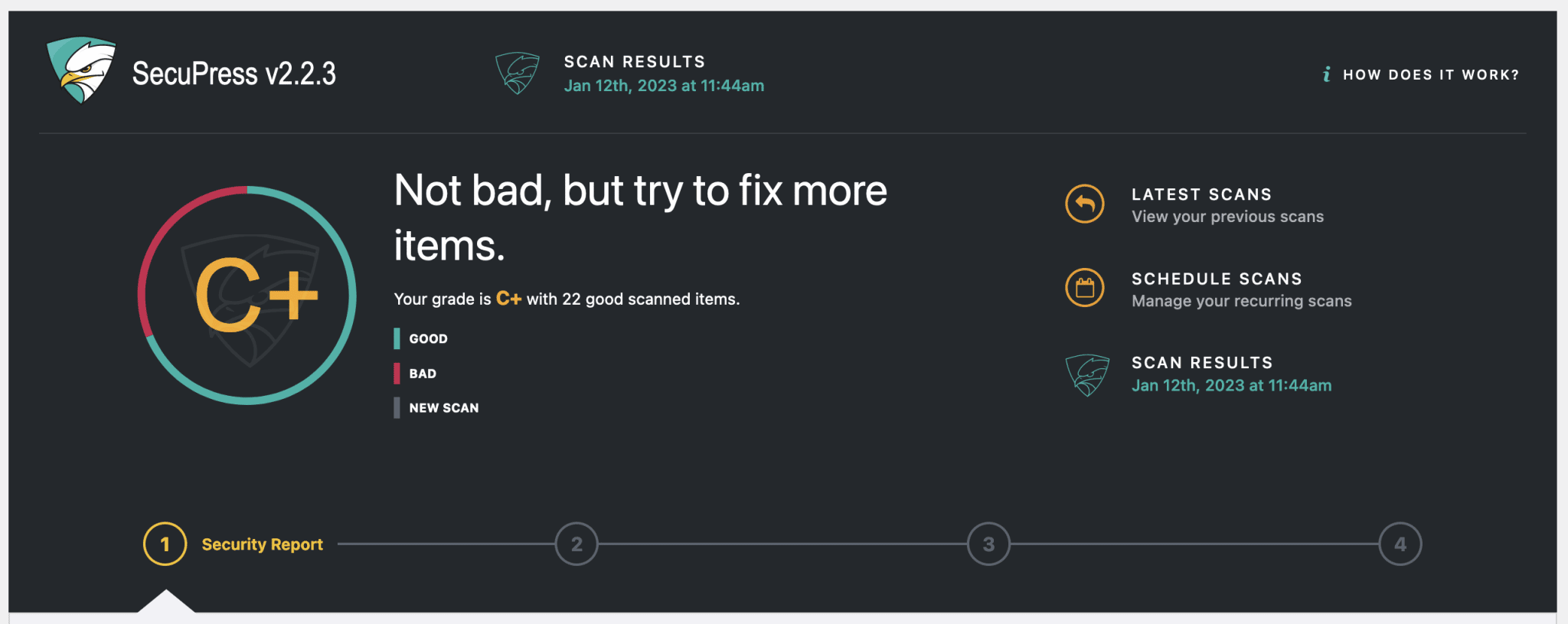 SecuPress gives your site a grade after a scan.