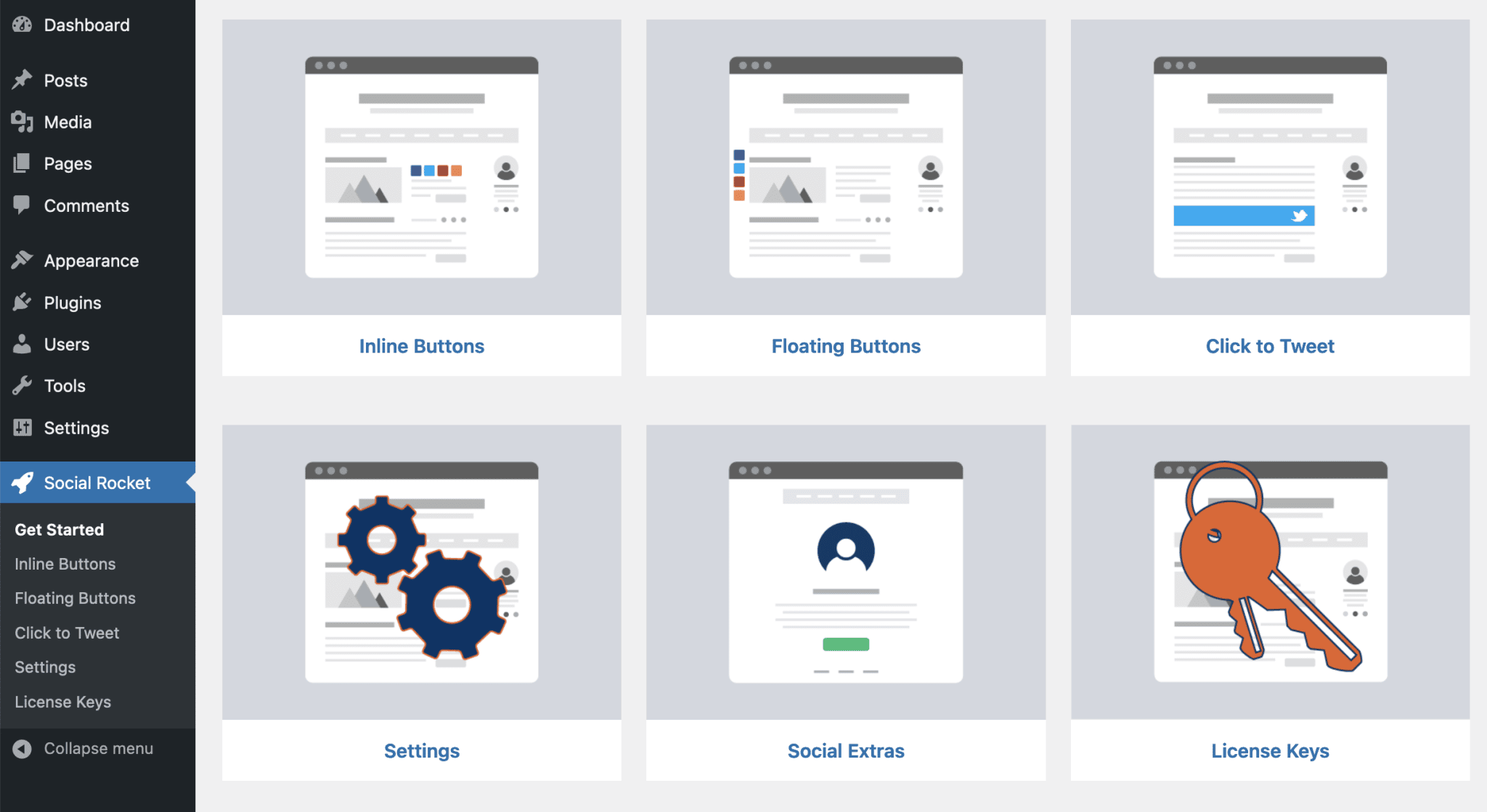The dashboard of the Social Rocket plugin.