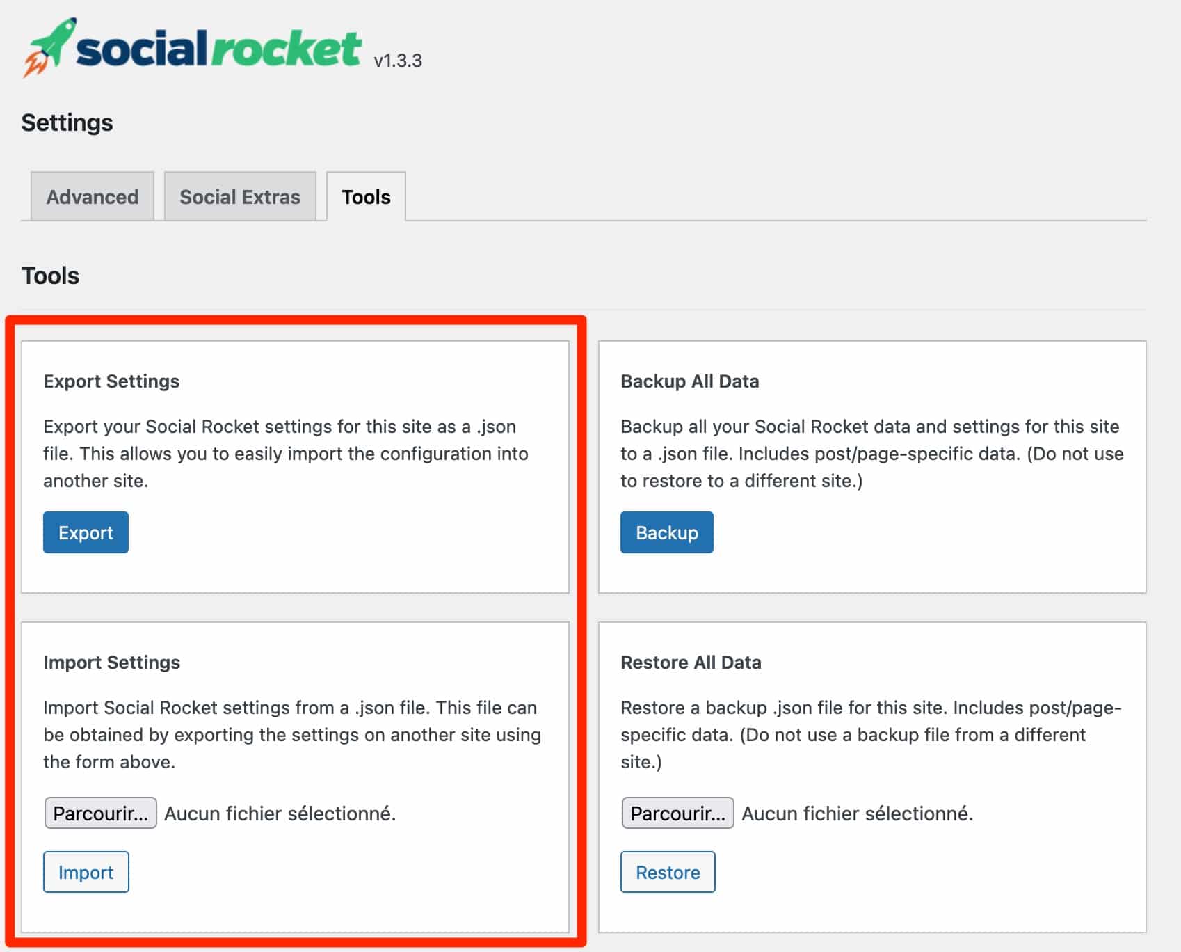 Social Rocket allows you to import or export your settings.