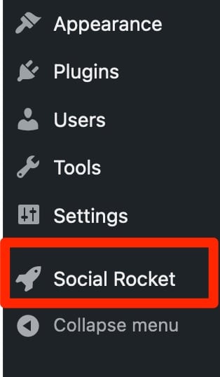 The Social Rocket menu in the WordPress admin interface.