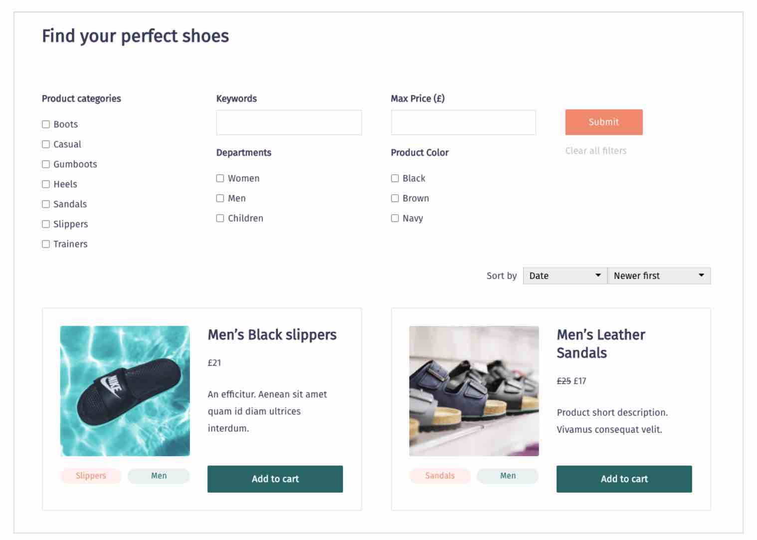 A custom search page in a WooCommerce shop.