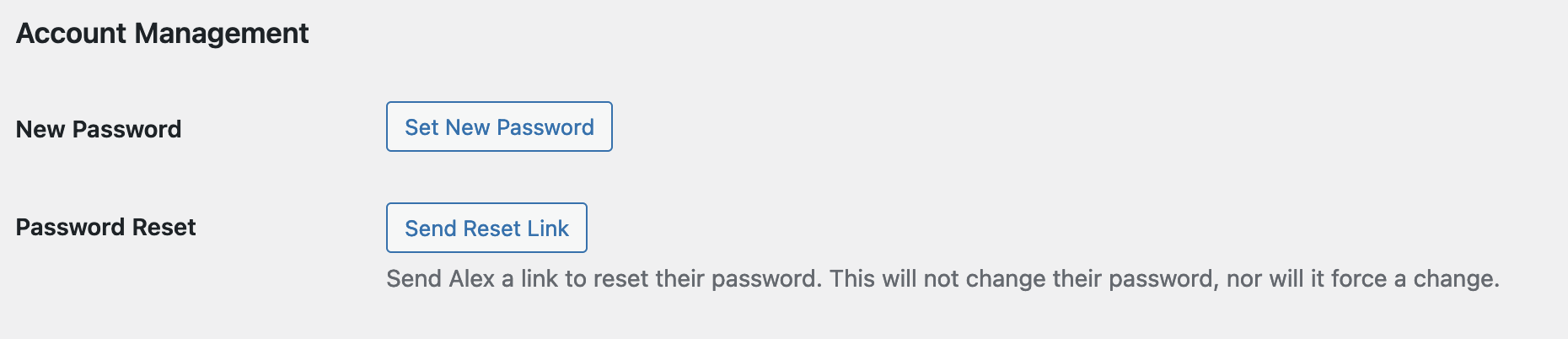 The account management section allows you to set a new password.