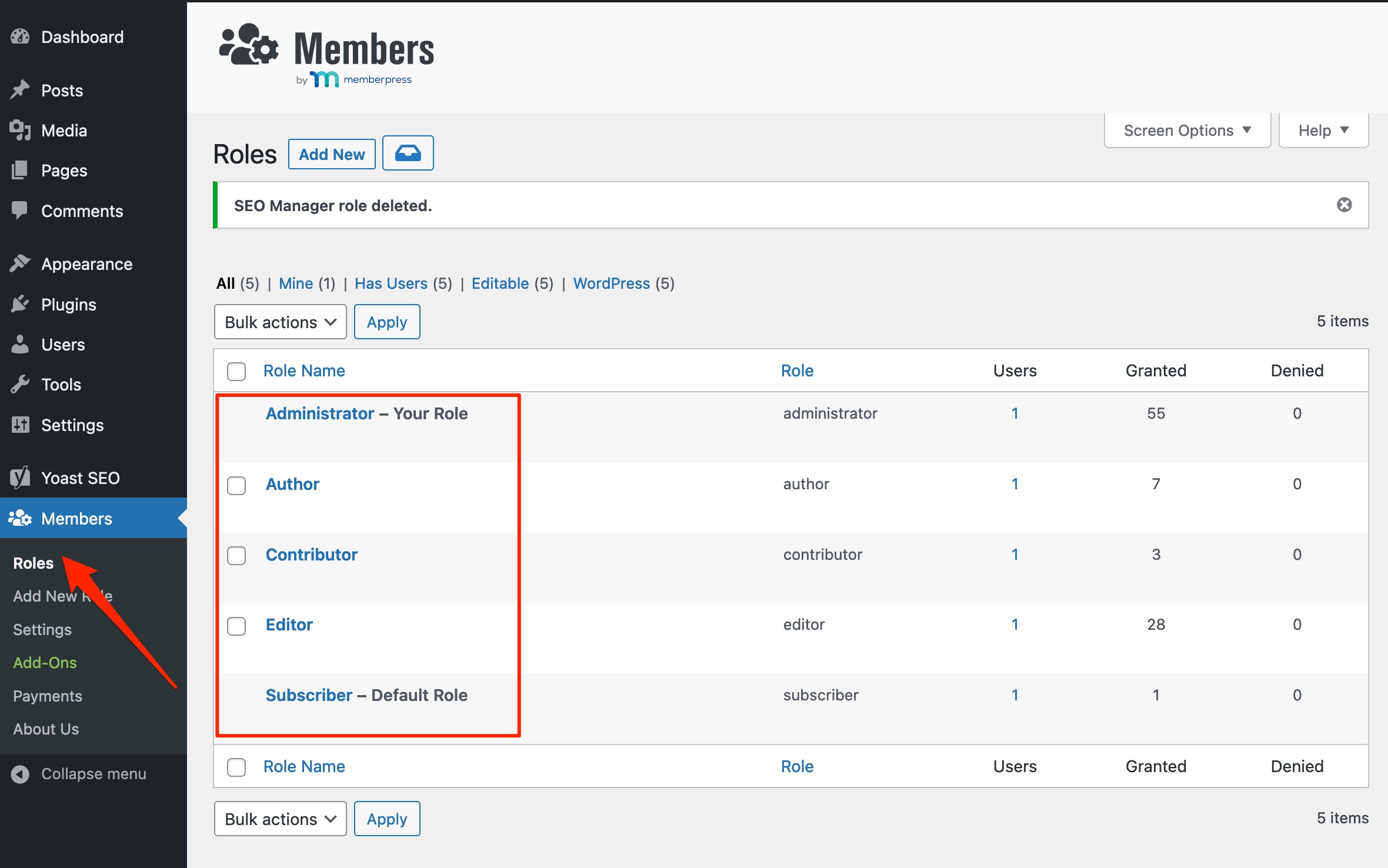 User roles management on WordPress with the Members plugin.
