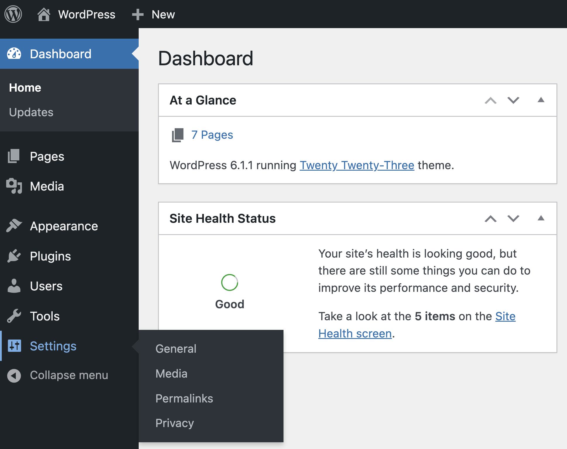 The WordPress dashboard without posts.