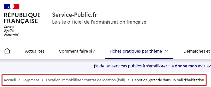 Le fil d'Ariane sur le site Service-Public.fr.