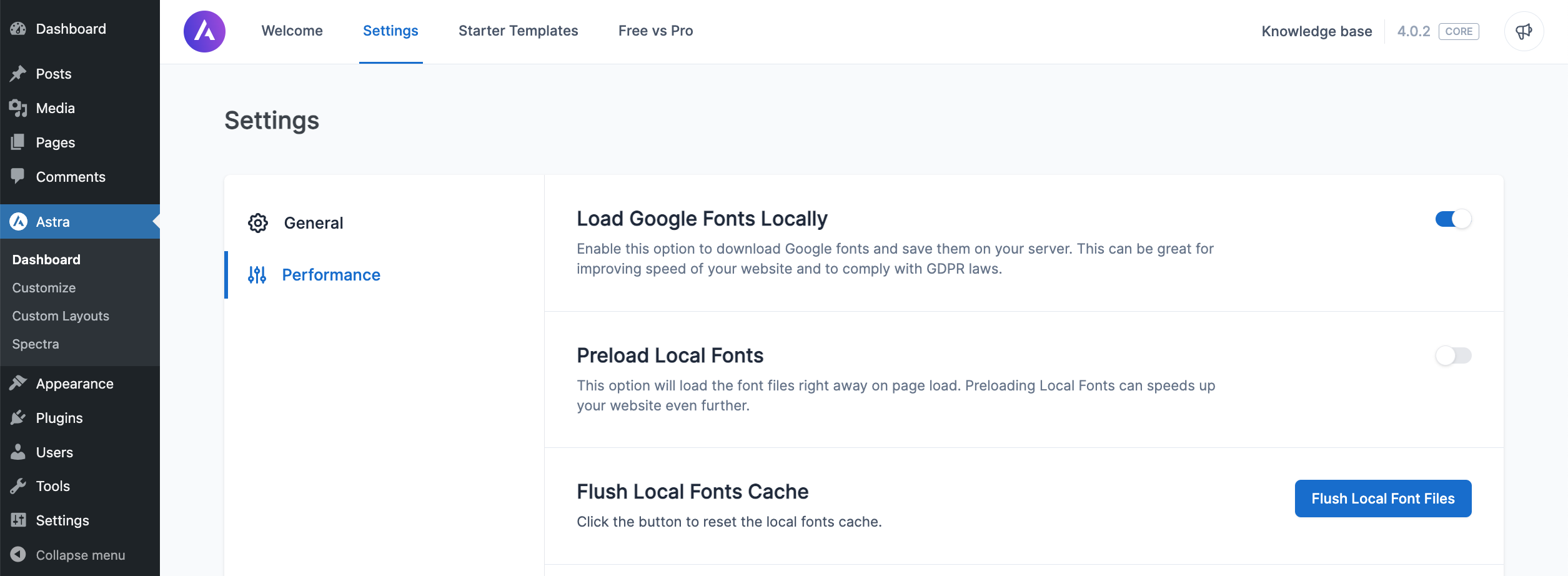 The Astra WordPress theme allows you to load Google Fonts locally to comply with GDPR laws.
