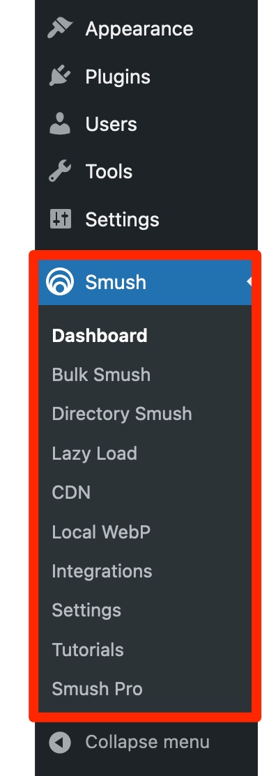 The Smush settings menu.