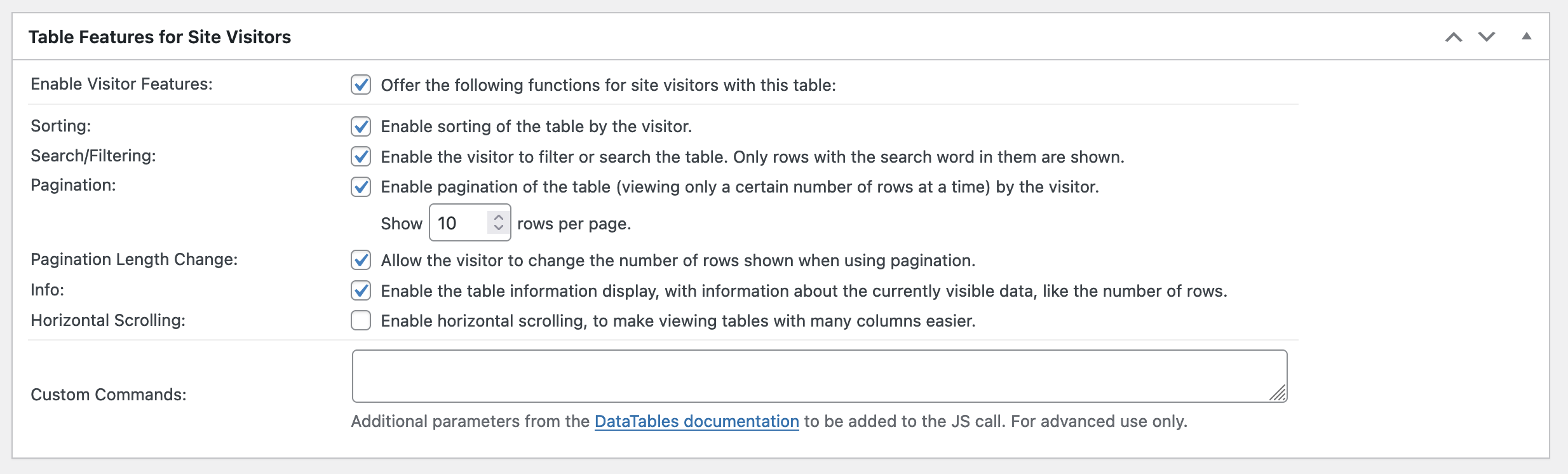 Table Features for Site Visitors.