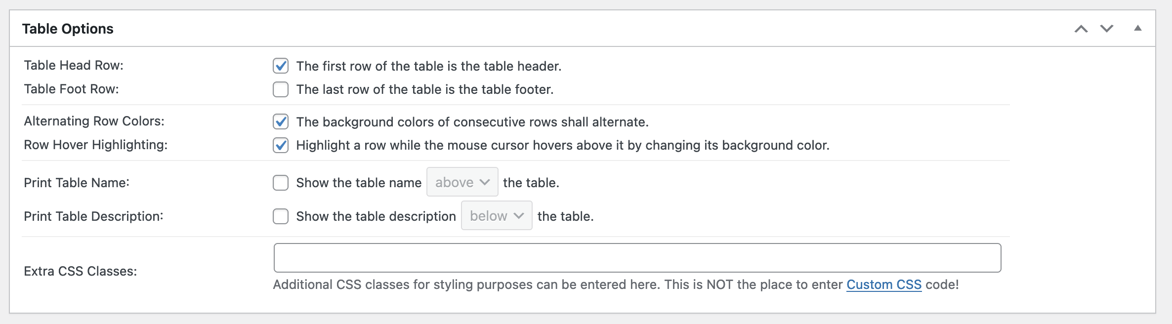 Table Options in TablePress.