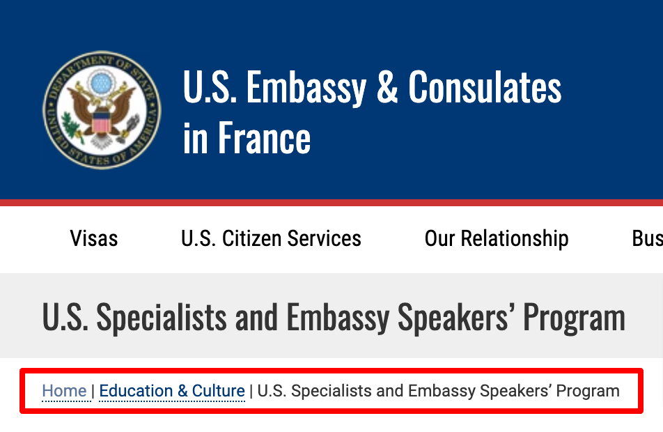 Breadcrumbs on the U.S. Embassy website.