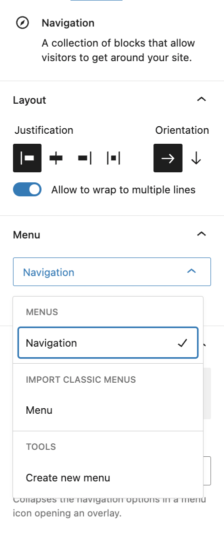 The settings of the WordPress Navigation block.