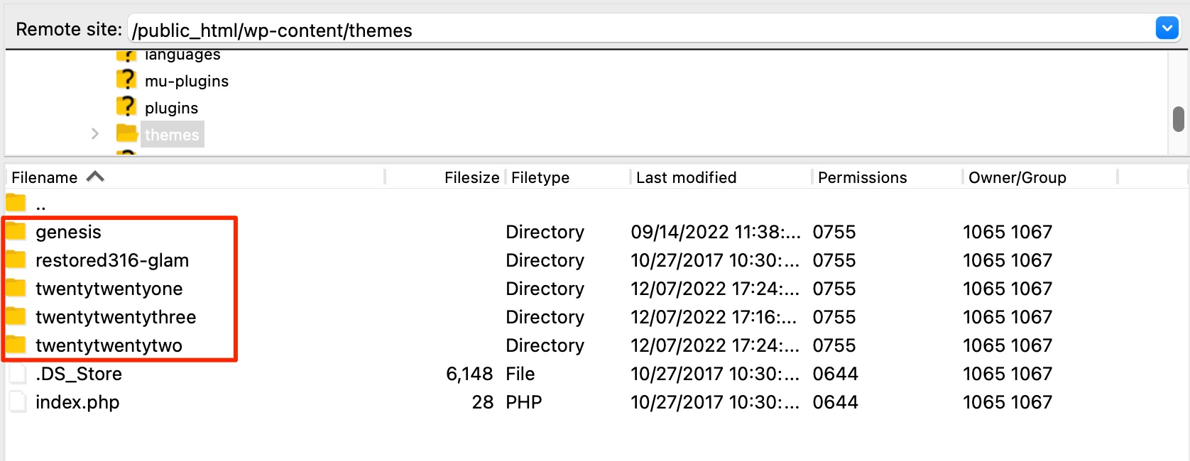 Theme directories in an FTP client.