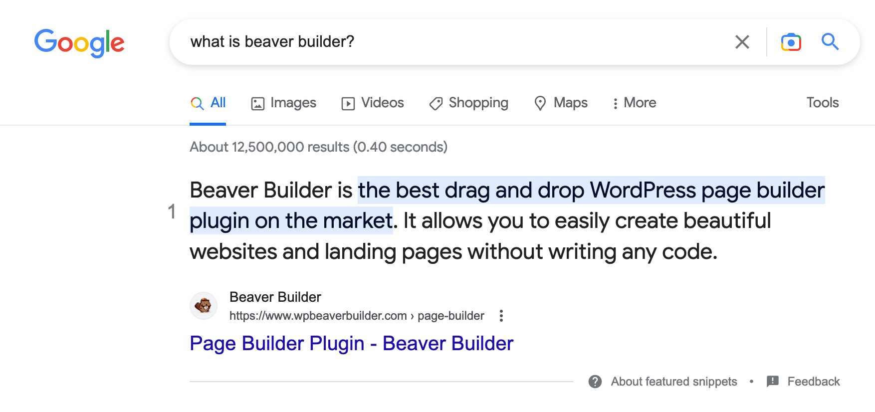 The featured snippet displayed when "what is beaver builder" is typed into Google.