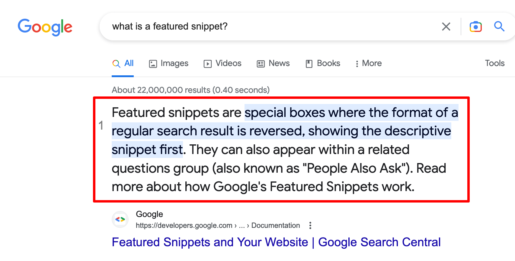 Display of a featured snippet on Google.