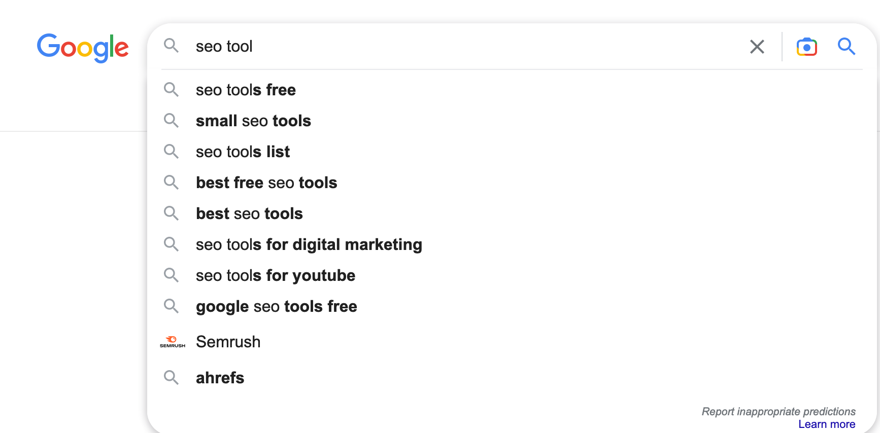 Related Google searches for the key phrase "SEO tool."