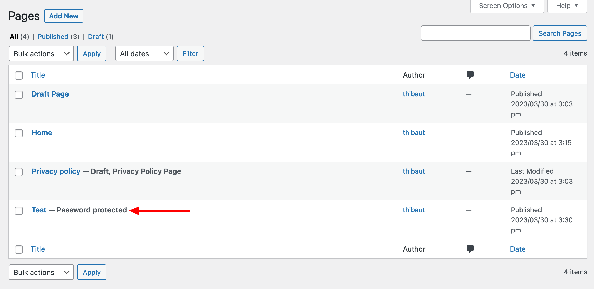 You can see if a page is password protected from the list of pages in the WordPress back office.