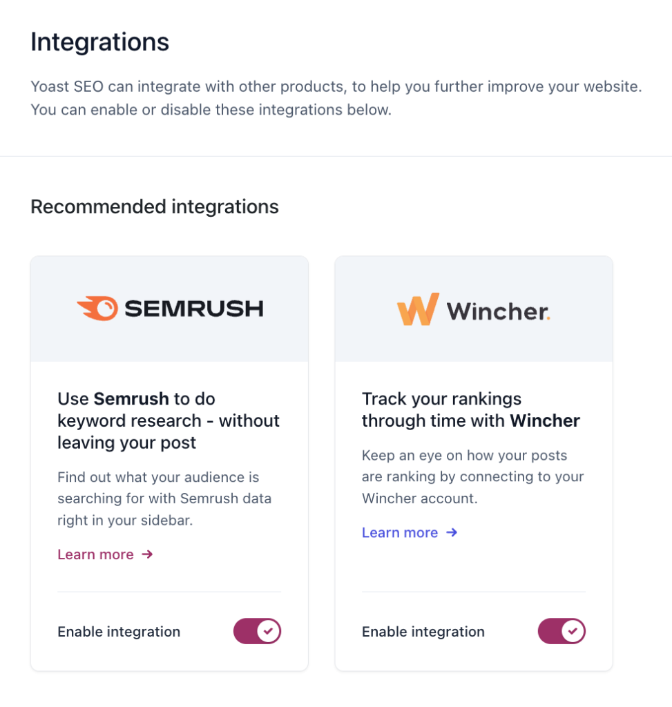 Yoast SEO offers integration with other products, such as Semrush and Wincher.