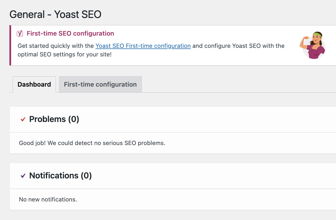 Yoast SEO General dashboard with the configuration wizard, problems and notifications.
