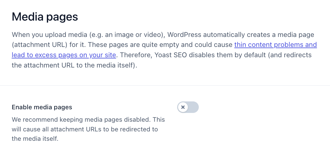 The Media Pages tab under the Advanced Settings in Yoast SEO.