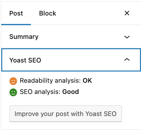 The overall readability and SEO score calculated by Yoast SEO.