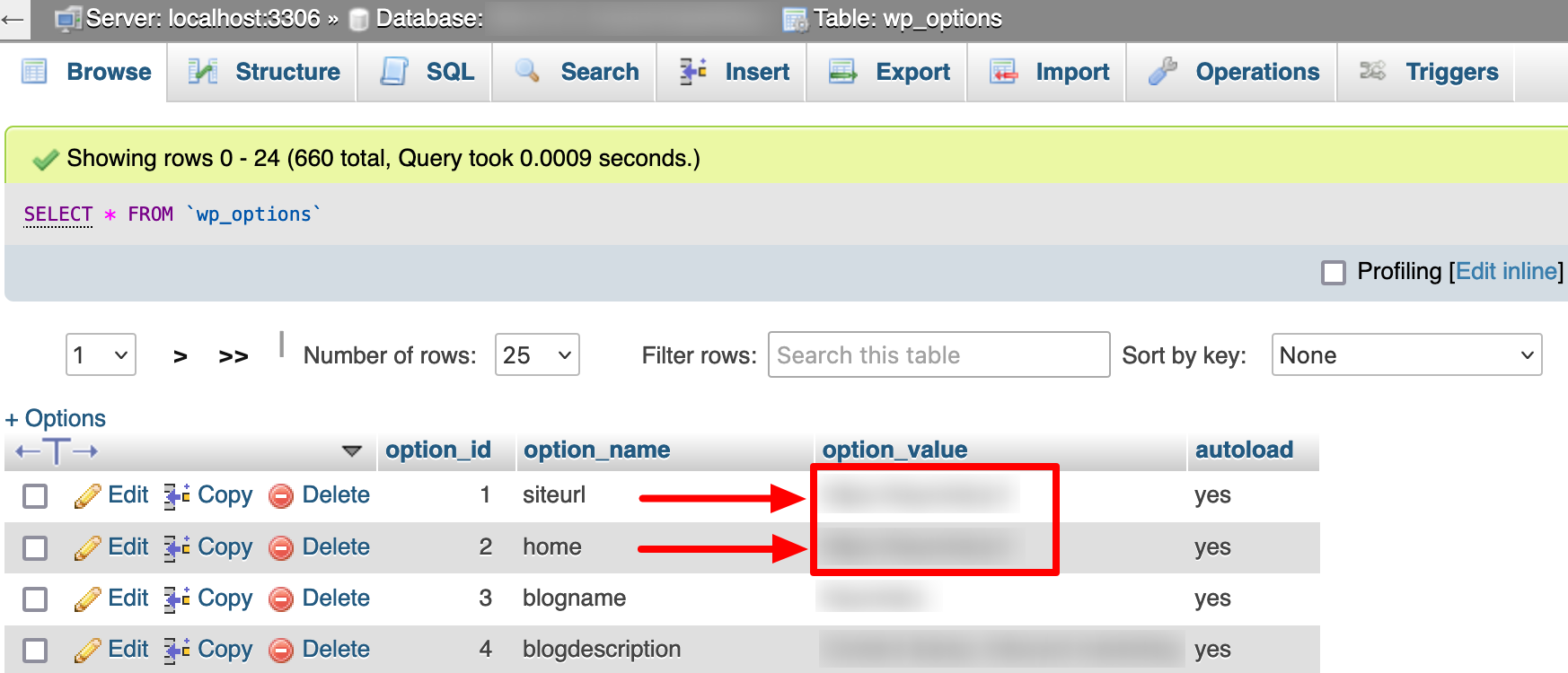 Changing your site URL using the wp_options table in phpMyAdmin.
