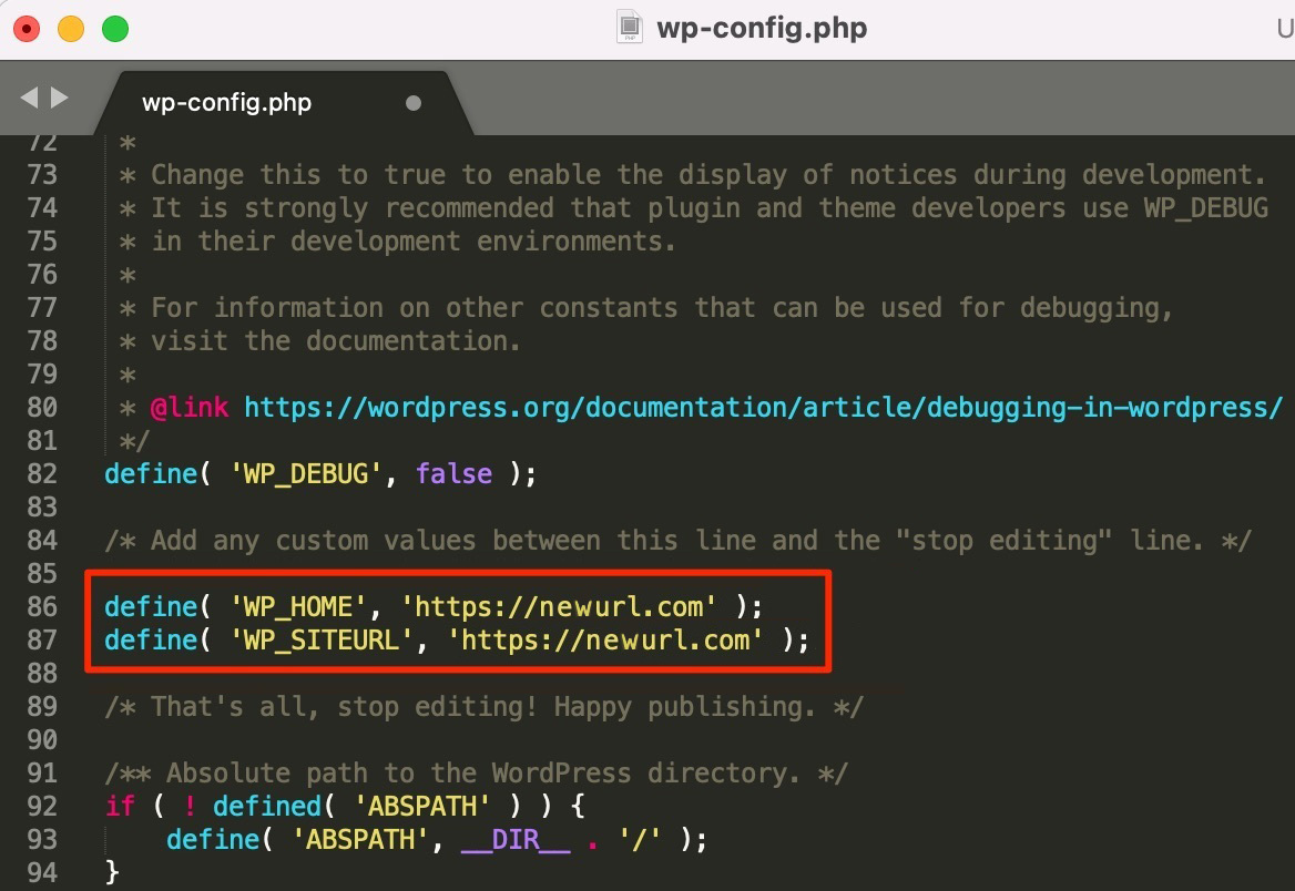 Using the wp-config file to change your site URL.