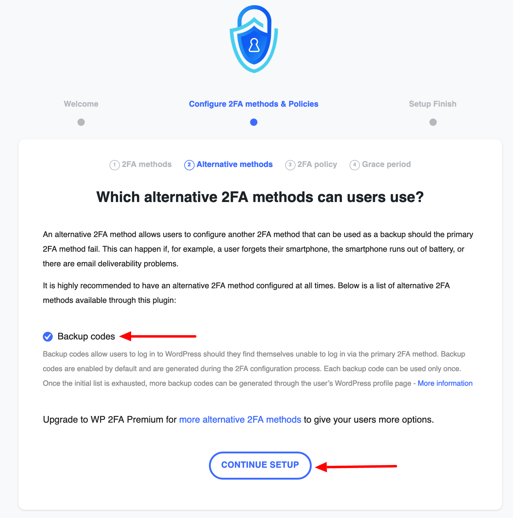 WP 2FA offers a single-use backup code in case dual authentication fails for users.