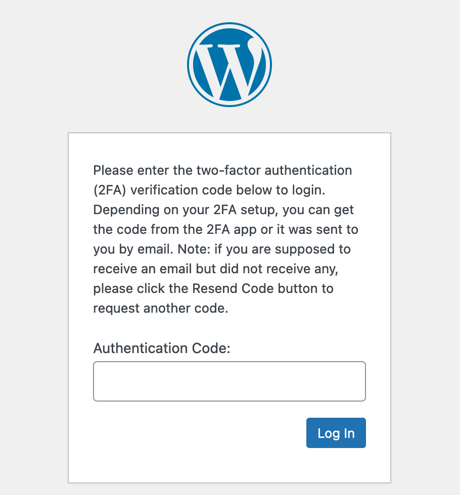 The login page of a WordPress site protected by two-factor authentication.
