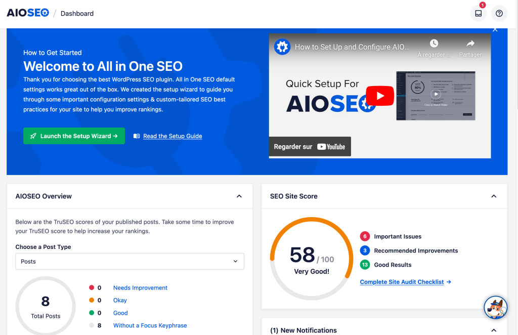 The dashboard of the AIOSEO plugin gives your site an SEO score.