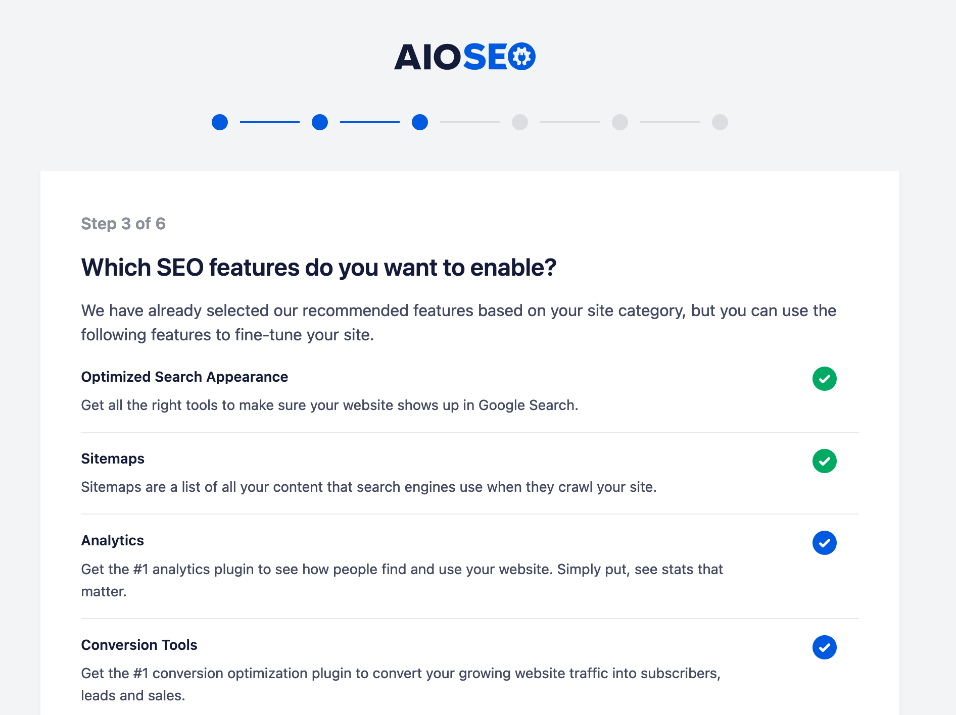 You can choose which SEO features to enable in the AIOSEO configuration wizard.