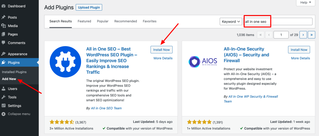 Installation of the All in One SEO plugin.