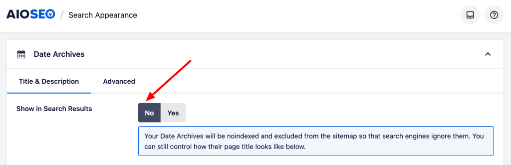 AIOSEO allows you to include or exclude your date archives in search results.