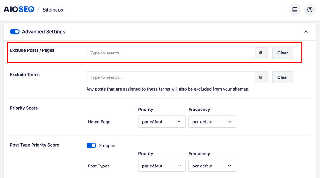 The settings for sitemaps in AIOSEO allow you to exclude certain posts or pages from being indexed.