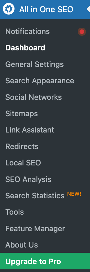 All in One SEO adds 15 menus to the WordPress admin.