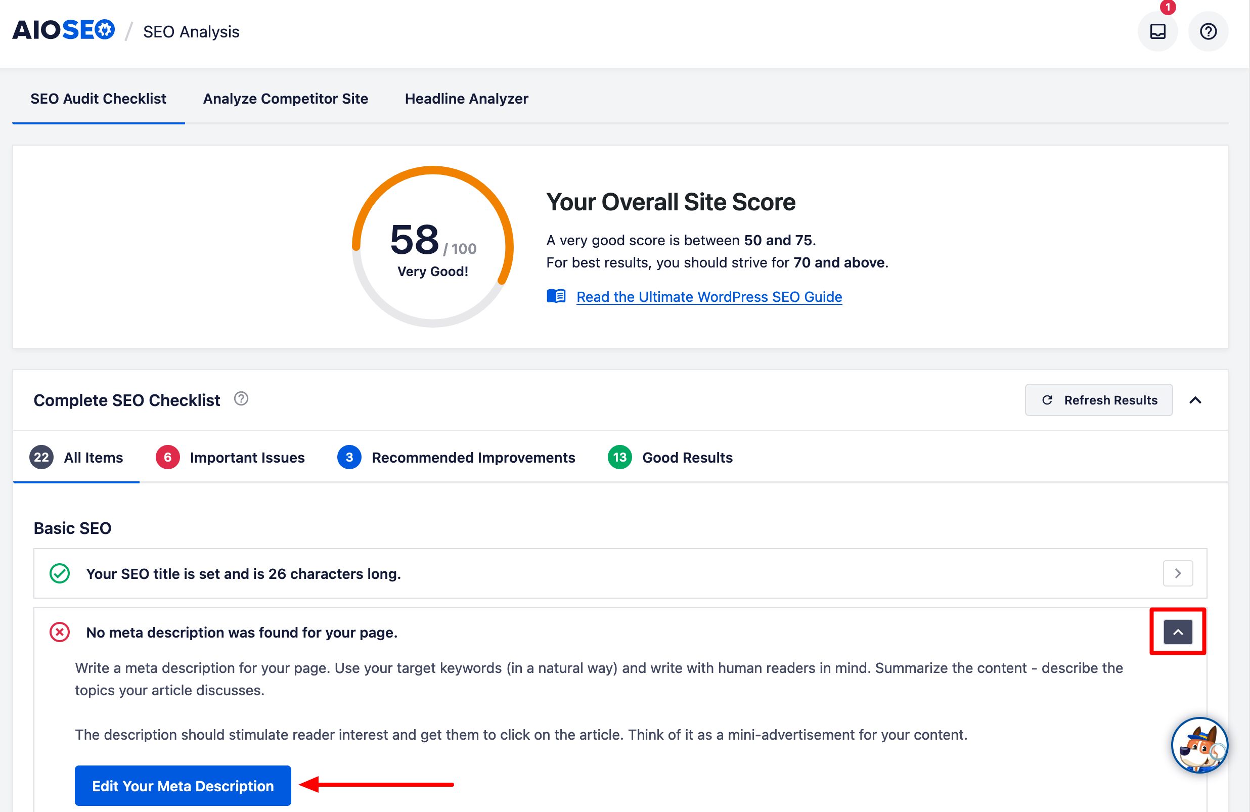AIOSEO offers an overall site score with suggestions for improvement.